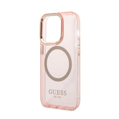 Guess Gold Outline Translucent MagSafe – Dėklas iPhone 14 Pro (rožinis)