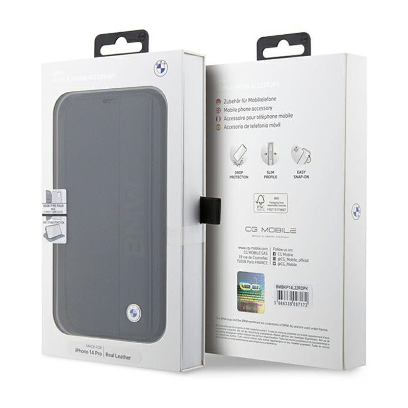 BMW knygos tipo odos tekstūros ir juostelės - dėklas, skirtas iPhone 14 Pro Max (juodas)