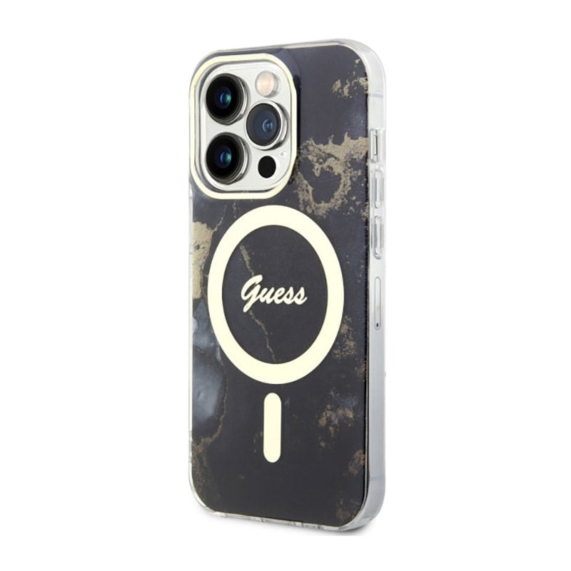 Guess Golden Marble MagSafe – dėklas, skirtas iPhone 14 Pro (juodas)