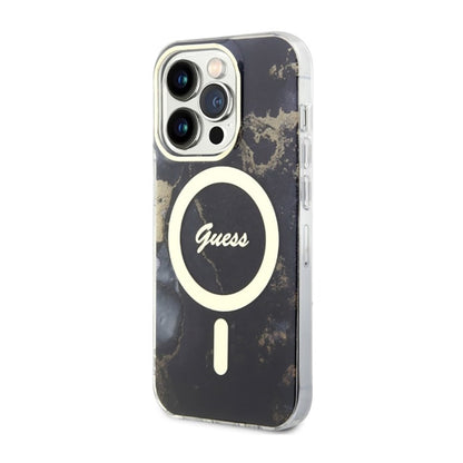 Guess Golden Marble MagSafe – dėklas, skirtas iPhone 14 Pro (juodas)