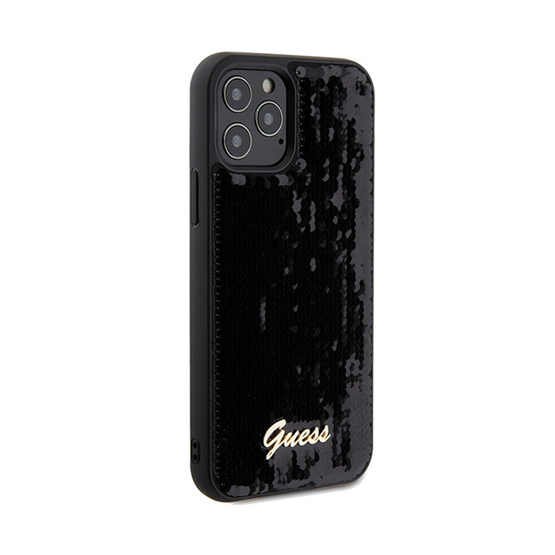 Guess Sequin Script Metal - dėklas, skirtas „iPhone 12“ / „iPhone 12 Pro“ (juodas)