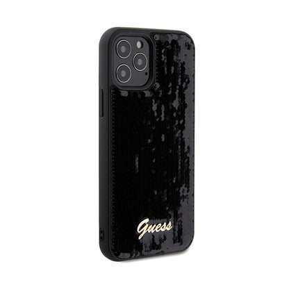 Guess Sequin Script Metal - dėklas, skirtas „iPhone 12“ / „iPhone 12 Pro“ (juodas)