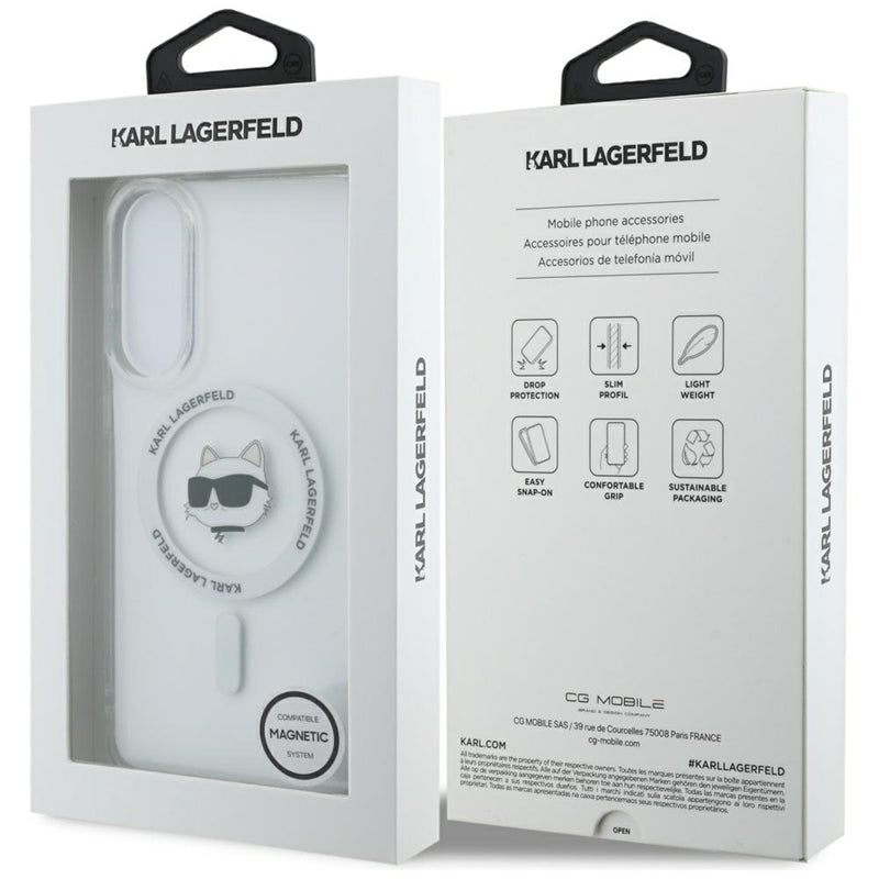 Karl Lagerfeld Dėklas Samsung Galaxy S25 Edge, su Choupette galvos ir logotipų atvaizdais, MagSafe, baltas