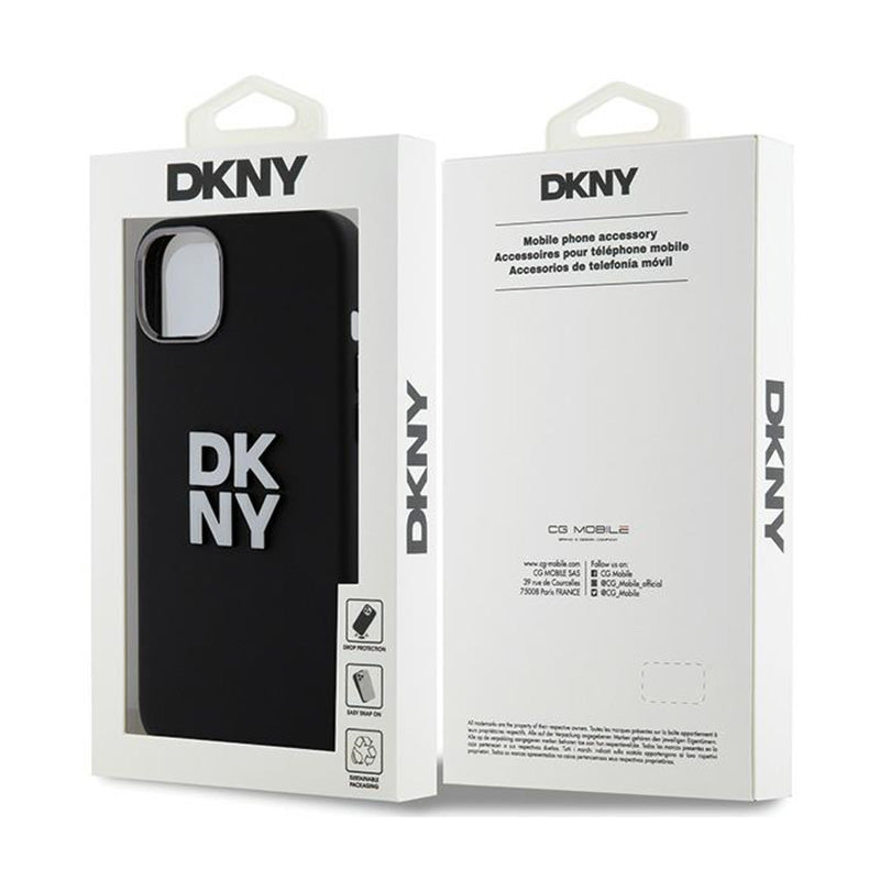 DKNY skystas silikonas su metaliniu logotipu – dėklas iPhone 15 Plus / 14 Plus (juodas)