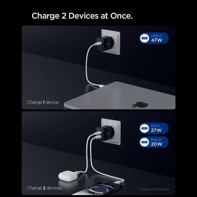 Spigen Essential EE472EU GaN Pro - Sieninis įkroviklis 2x USB-C 47W (Juodas)