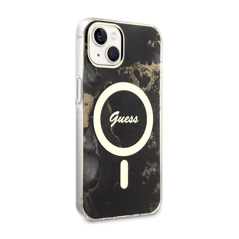 Guess Golden Marble MagSafe – „iPhone 14 Plus“ dėklas (juodas)