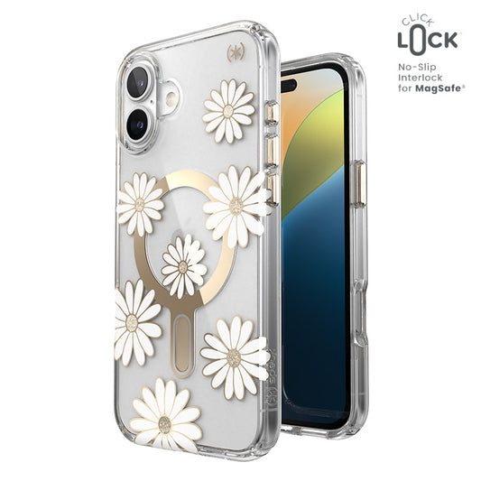 Speck Presidio Lux ClickLock & MagSafe – "Sunshine Daisies" / Permatomas / Auksinis dėklas, skirtas "iPhone 16 Plus"