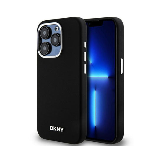 DKNY Liquid Silicone Small Metal Logo MagSafe – dėklas, skirtas iPhone 15 Pro (juodas)