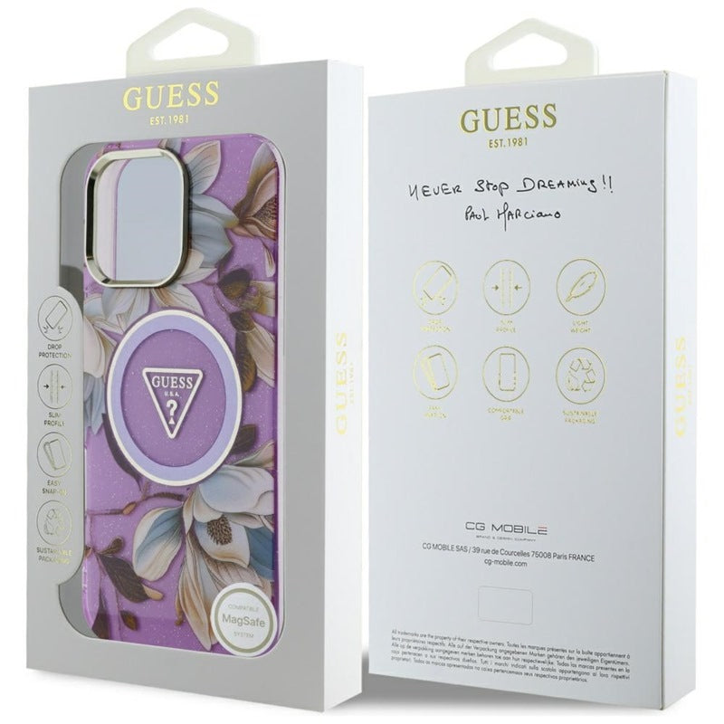 Guess Glitter Flowers Triangle Buttons MagSafe dėklas iPhone 16 Pro (violetinė)