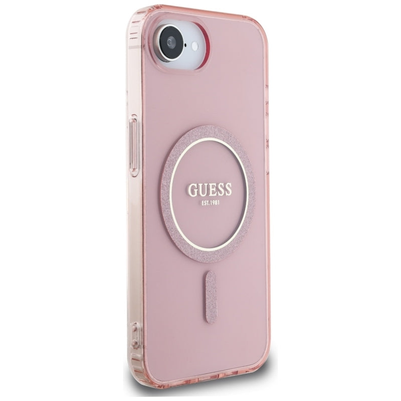 Guess IML Glitter Circle MagSafe – dėklas, skirtas iPhone 16e (rožinis)
