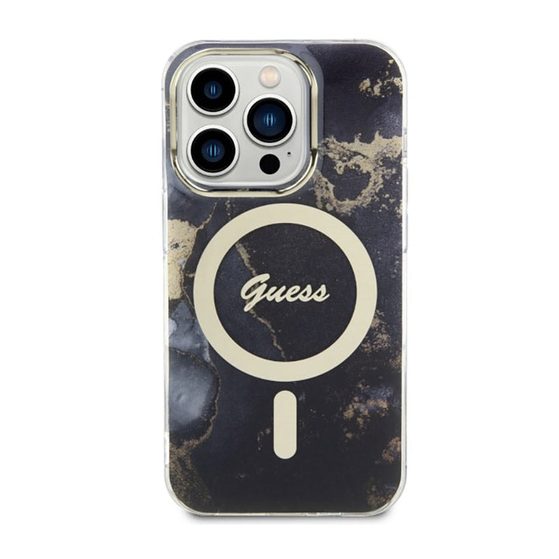 Guess Golden Marble MagSafe – dėklas, skirtas iPhone 14 Pro (juodas)