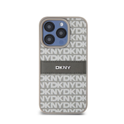 DKNY Dėklas iPhone 15 Pro, odinis, su mono juosta ir metaliniu logotipu (smėlio spalvos)