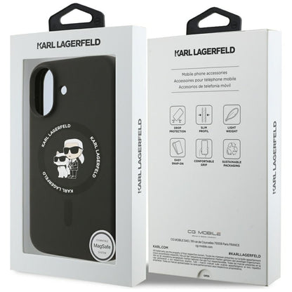 Karl Lagerfeld Silikoninis dėklas su Karl & Choupette žiedu, MagSafe, skirtas iPhone 17 (juodas)