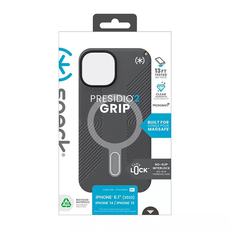 Speck Presidio2 Grip ClickLock & MagSafe – Dėklas iPhone 16e / iPhone 15 / iPhone 14 / iPhone 13 (Anglies pilka/Šalta bronza)