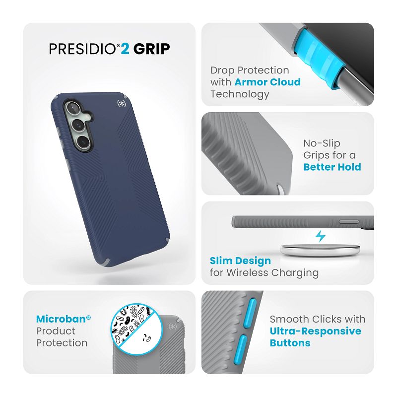 Speck Presidio2 Grip – dėklas skirtas Samsung Galaxy S23 FE (pajūrio mėlyna/juoda/balta)