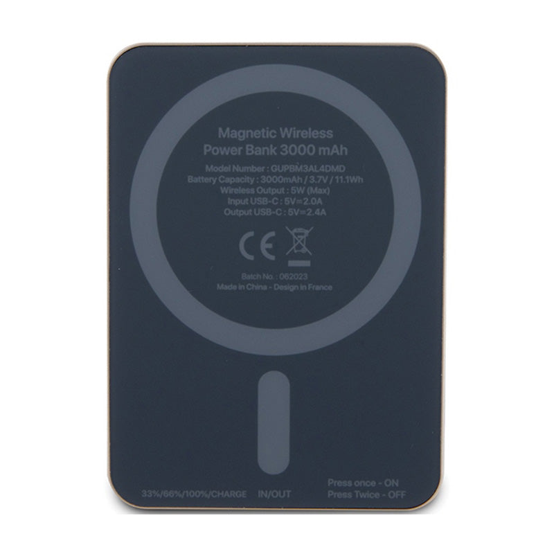 Guess Metal Script Logo MagSafe – indukcinis 3000 mAh 5W MagSafe maitinimo blokas (auksinis)