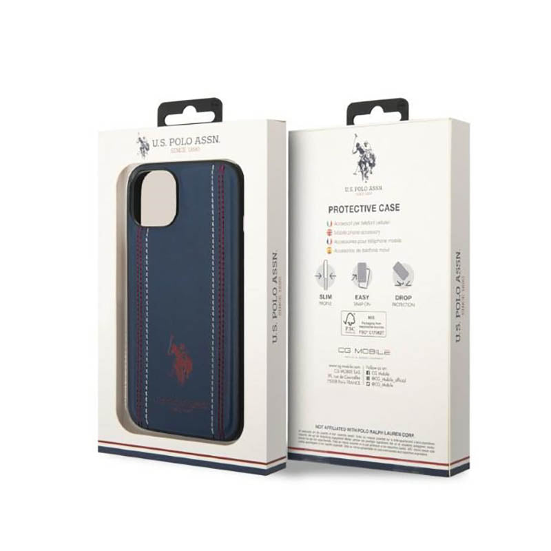 US Polo Assn Leather Stitch – Dėklas skirtas iPhone 14 Plus (tamsiai mėlyna)