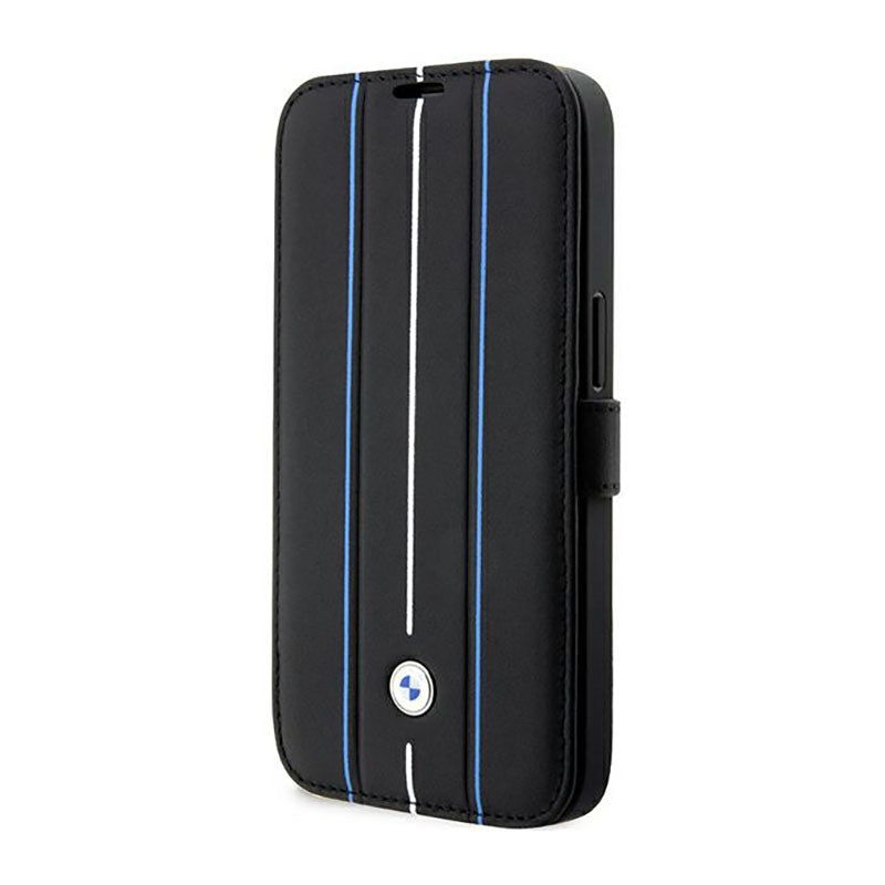 BMW Booktype Leather Stamp Blue Lines – dėklas, skirtas iPhone 14 Pro Max (juodas)