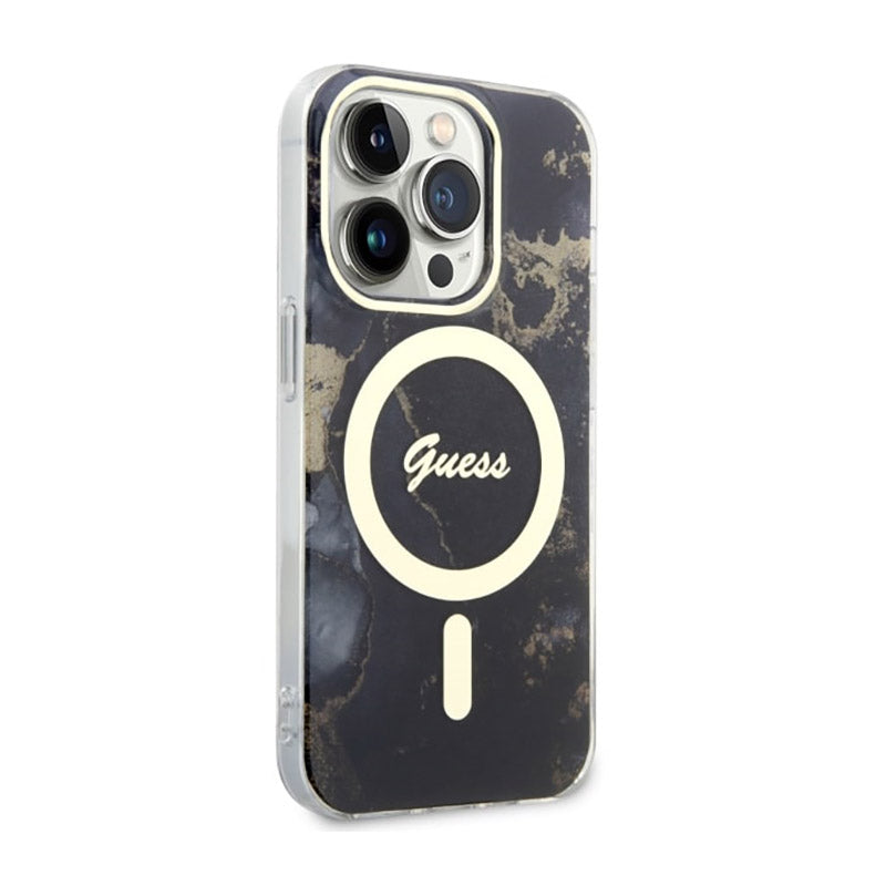 Guess Golden Marble MagSafe – dėklas, skirtas iPhone 14 Pro (juodas)
