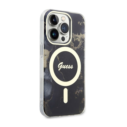Guess Golden Marble MagSafe – dėklas, skirtas iPhone 14 Pro (juodas)