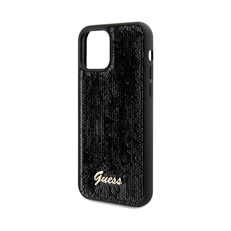 Guess Sequin Script Metal - dėklas, skirtas „iPhone 12“ / „iPhone 12 Pro“ (juodas)
