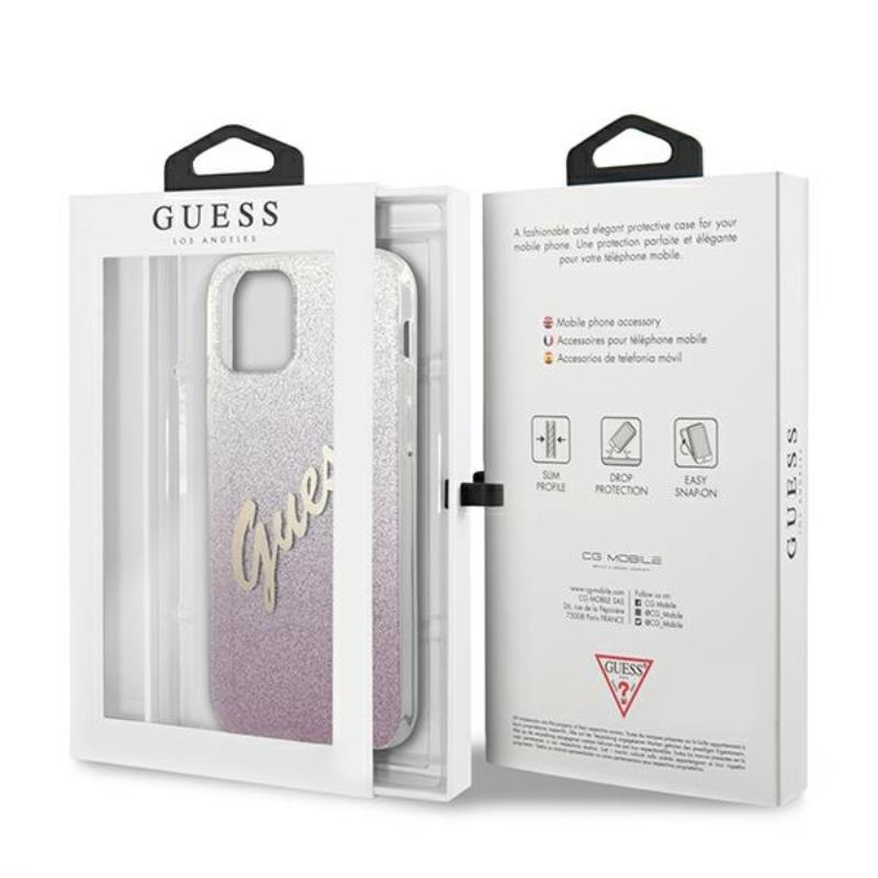 Guess Glitter Gradient Script – dėklas, skirtas iPhone 12 / iPhone 12 Pro (rožinis)
