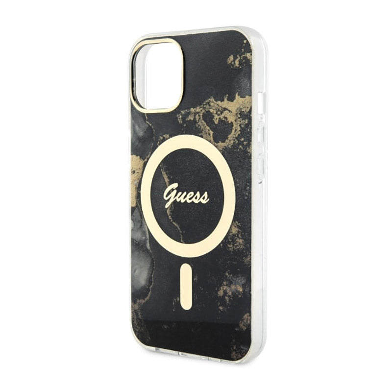 Guess Golden Marble MagSafe – „iPhone 14 Plus“ dėklas (juodas)