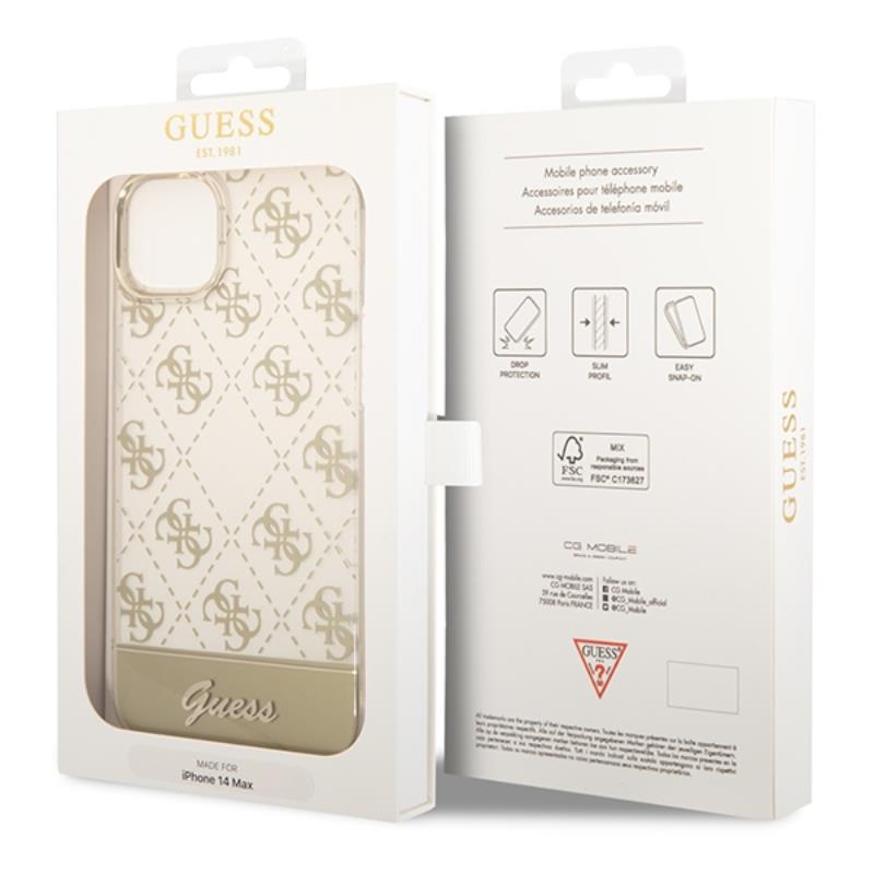 Guess 4G Stripe Script Logo Electroplated Pattern – Dėklas iPhone 14 Plus (auksinis)