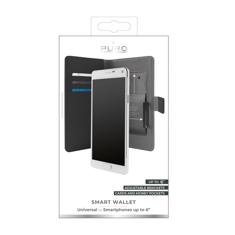 PURO Smart Wallet – universalus dėklas su laikikliu nuotraukų darymui, kišenėmis kortelėms ir pinigams, dydis XXL (juoda)