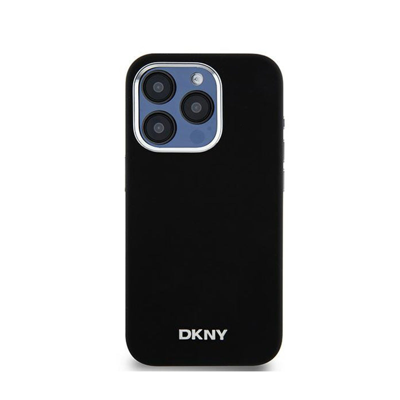 DKNY Liquid Silicone Small Metal Logo MagSafe – dėklas, skirtas iPhone 15 Pro (juodas)