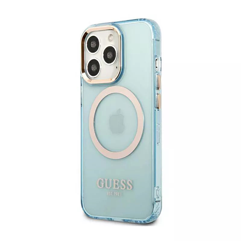 Guess Gold Outline permatomas MagSafe – dėklas skirtas iPhone 13 Pro Max (mėlynas)