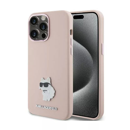 Karl Lagerfeld Silikoninis Choupette Metal Pin dėklas iPhone 15 Pro Max (rožinis)