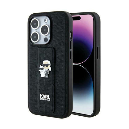 Karl Lagerfeld Gripstand Saffiano Karl & Choupette Pins - iPhone 14 Pro dėklas (juodas)