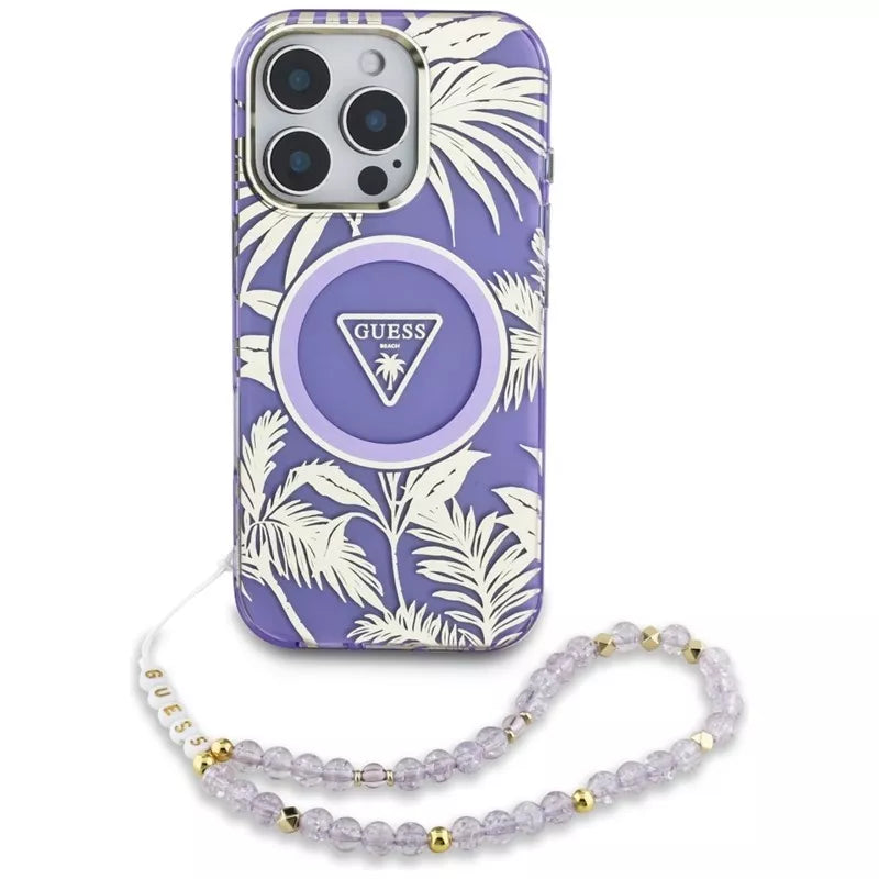 Guess Palm Trees Triangle Pearl Strap MagSafe – „iPhone 16 Pro Max“ dėklas (violetinis)