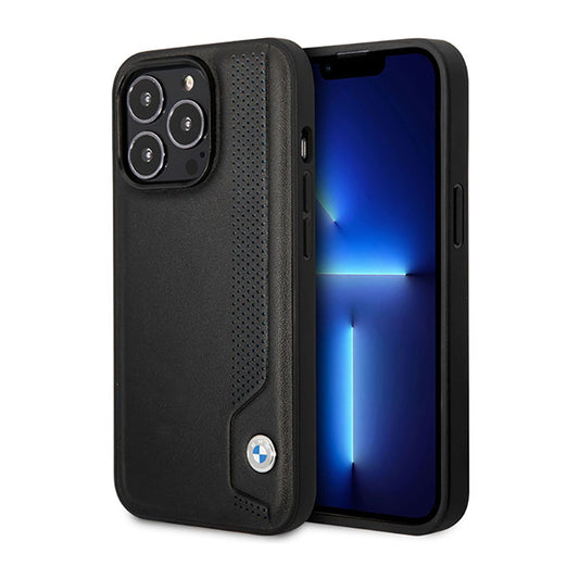 BMW Leather Blue Dots – dėklas, skirtas iPhone 14 Pro Max (juodas)