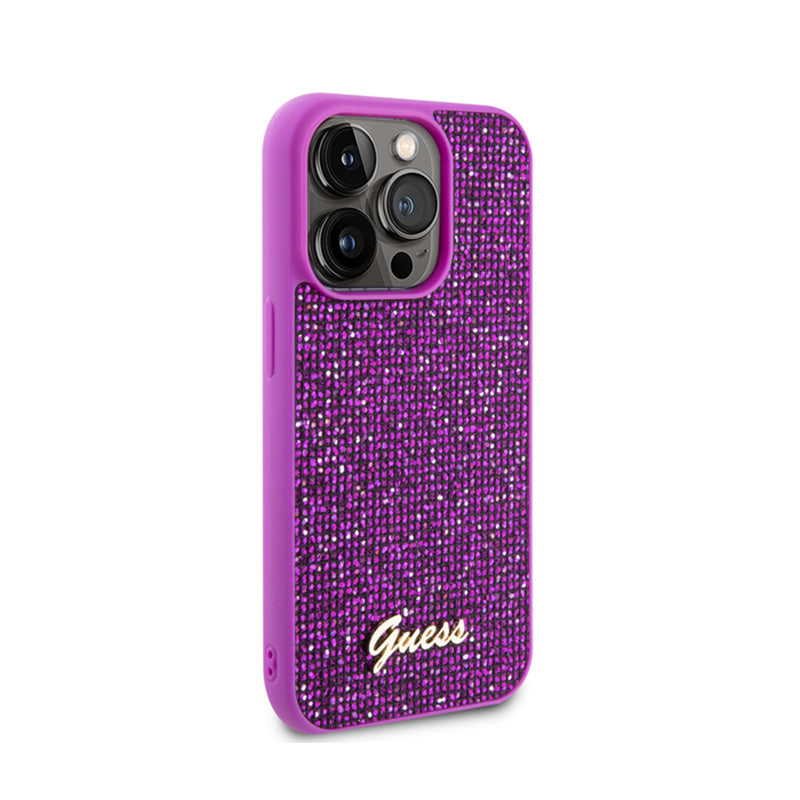 Guess Disco Metal Script - dėklas iPhone 15 Pro (fuksija)