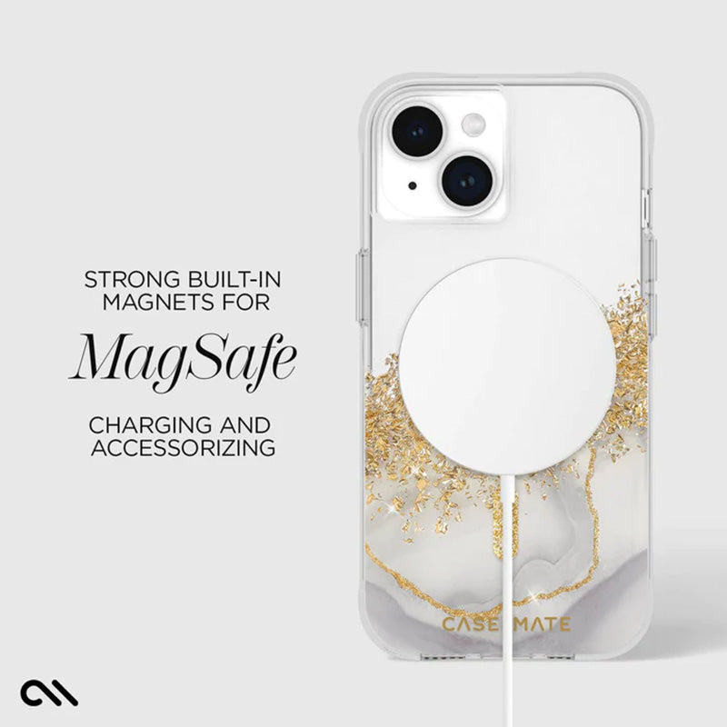 Case-Mate Karat MagSafe – auksinis, dekoruotas „iPhone 15 Plus“ dėklas (marmurinis)