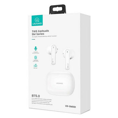 USAMS SM Series - Bluetooth 5.0 TWS ausinės su įkrovimo dėklu (Baltos)