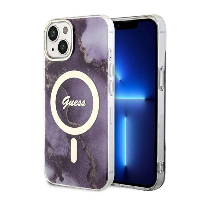 Guess Golden Marble MagSafe – Dėklas, skirtas „iPhone 14“ (Violetinis)