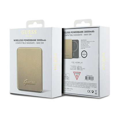 Guess Metal Script Logo MagSafe – indukcinis 3000 mAh 5W MagSafe maitinimo blokas (auksinis)