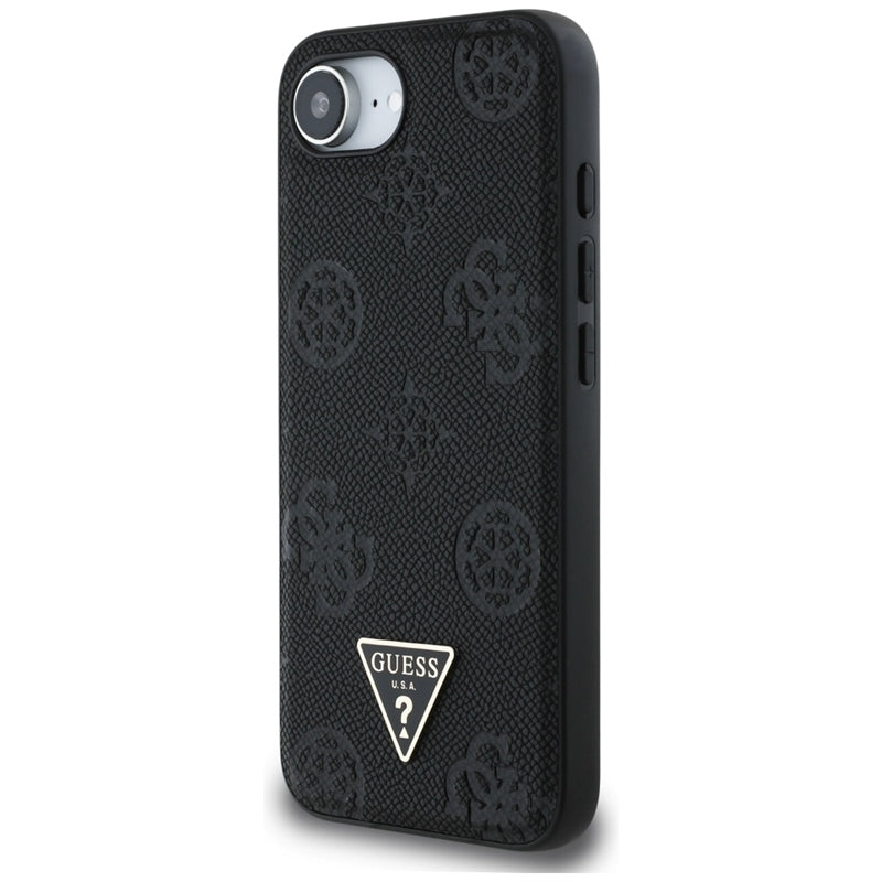 Guess Grained Hot Stamp Peony Triangle Logo MagSafe – dėklas iPhone 16e (juodas)
