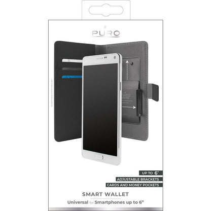 PURO Smart Wallet – universalus dėklas su laikikliu nuotraukų darymui, kišenėmis kortelėms ir pinigams, dydis XXL (juoda)