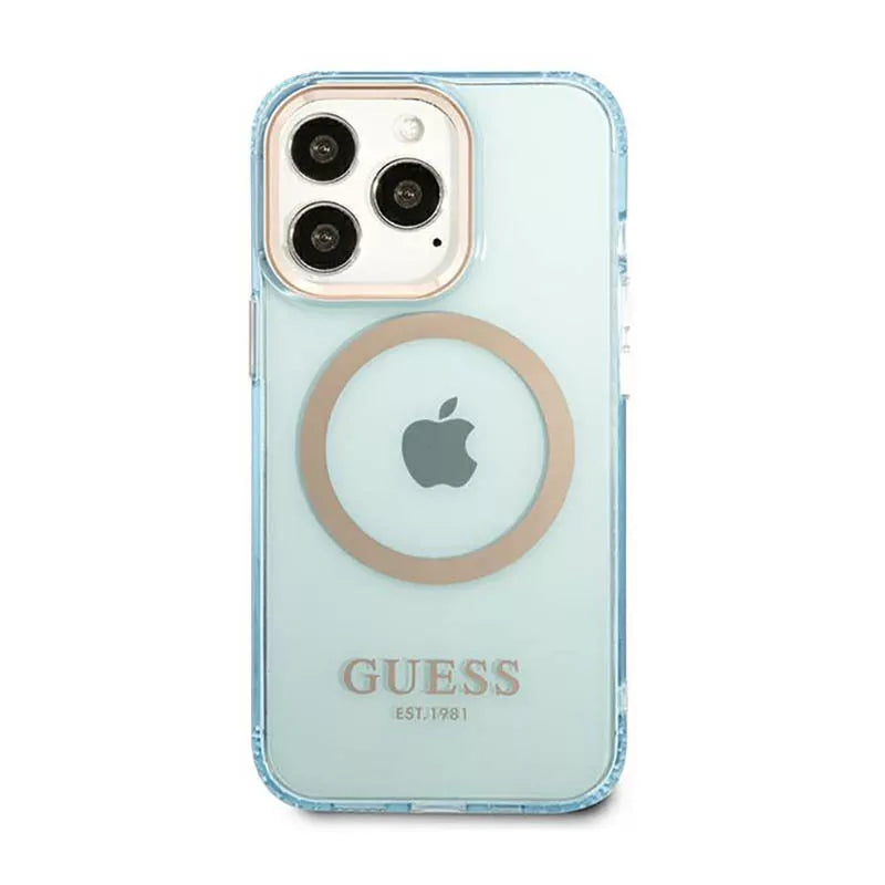 Guess Gold Outline permatomas MagSafe – dėklas skirtas iPhone 13 Pro Max (mėlynas)