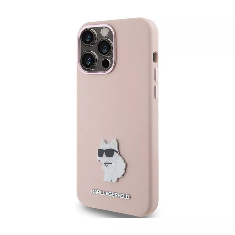 Karl Lagerfeld Silikoninis Choupette Metal Pin dėklas iPhone 15 Pro Max (rožinis)