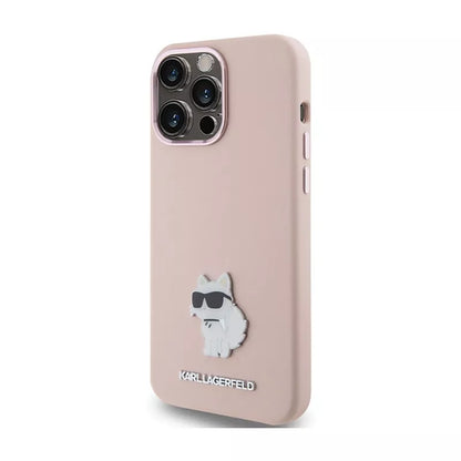 Karl Lagerfeld Silikoninis Choupette Metal Pin dėklas iPhone 15 Pro Max (rožinis)