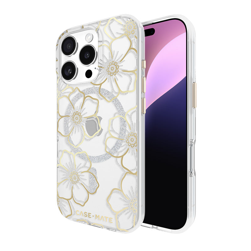 Case-Mate Floral Gems dėklas su MagSafe, skirtas iPhone 16 Pro (auksinis)