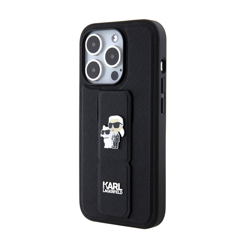 Karl Lagerfeld Gripstand Saffiano Karl & Choupette Pins - iPhone 14 Pro dėklas (juodas)