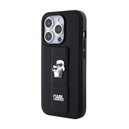 Karl Lagerfeld Gripstand Saffiano Karl & Choupette Pins - iPhone 14 Pro dėklas (juodas)