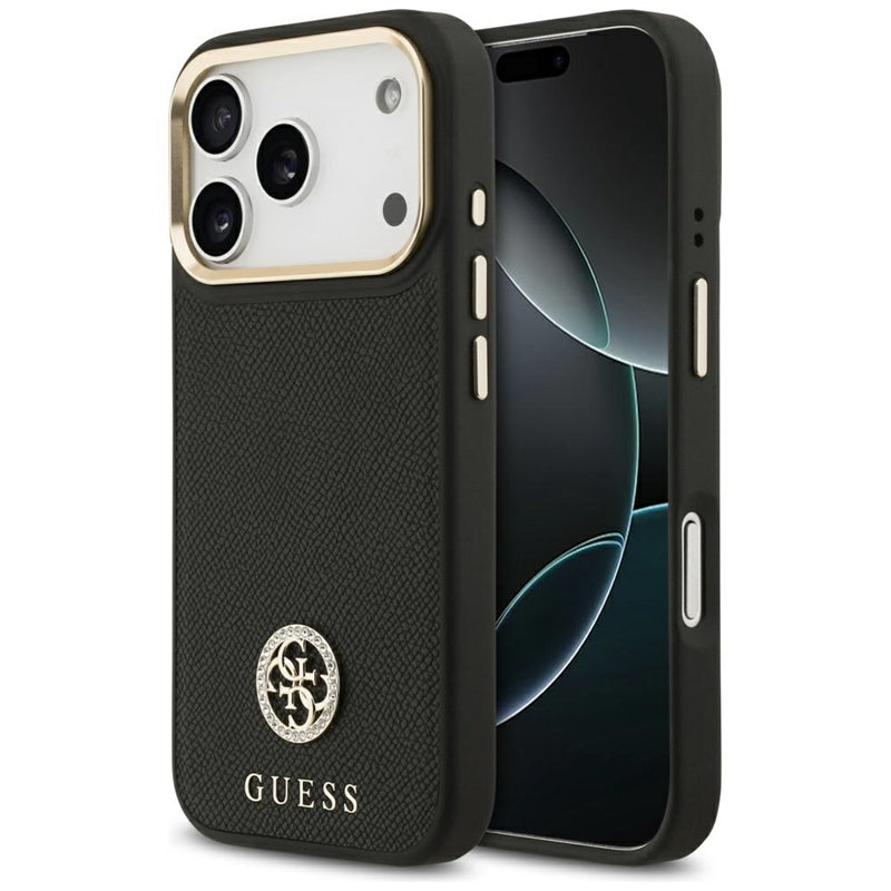 Guess Grūdėtas Dekoratyviniai Akmenukai Logotipas MagSafe - Dėklas iPhone 17 Pro (juodas)