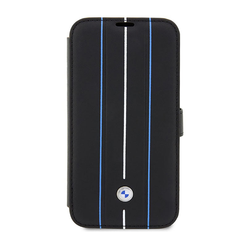 BMW Booktype Leather Stamp Blue Lines – dėklas, skirtas iPhone 14 Pro Max (juodas)